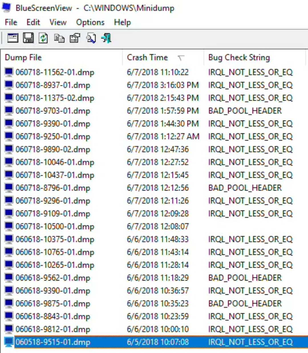 从BlueScreenView里可以看到，机器以近乎疯狂的频率蓝屏